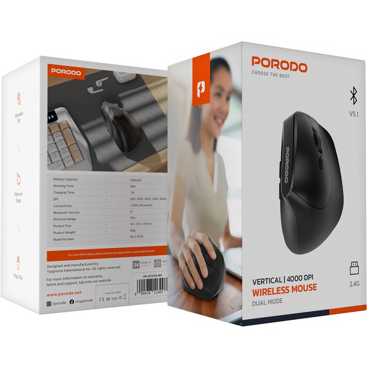 Porodo Vertical 4000 DPI Wireless Mouse with 500mAh Battery Capacity, Bluetooth Version 5.1, 10m Effective Range,  2.4GHz Wireless Connectivity, Adjustable DPI, Plug & Play, Ergonomic Design - Black