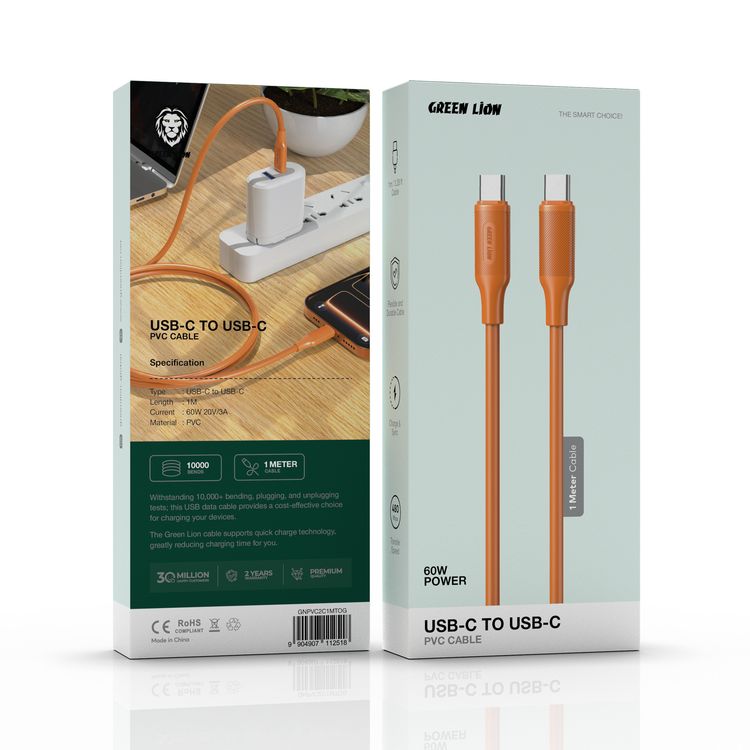 Green Lion USB-C to USB-C 1Meter 3.28 ft Cable with 60W 20V/3A Current, Flexible and Durable, Charge and Sync, 480 Mbps Transfer Speed, PVC Material, 10000 Bends Lifespan - Orange