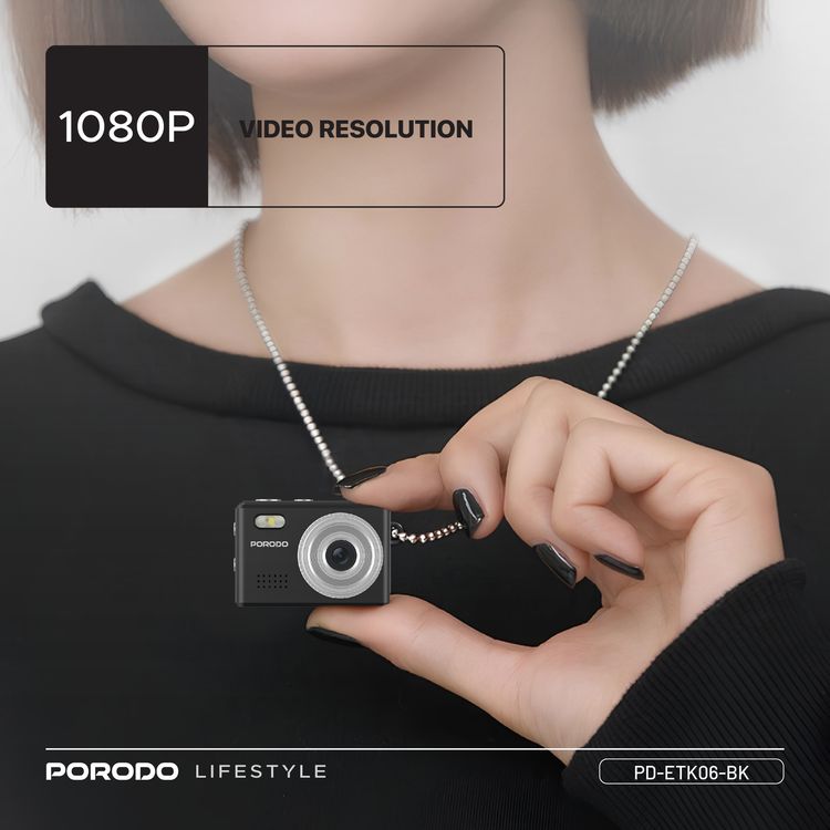 Porodo Mini Digital Camera with 0.96" HD Screen, 6 Color Filters, 2MP Photo Resolution, 1080 Pixels Video Resolution, 75-80 Minutes Operating Time, 200mAh Battery Capacity, Type-C Charging Port, Instant Webcam Function - Black