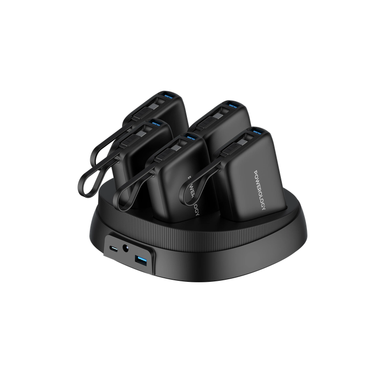 Powerology 5 x 10000mAh Power Bank Station with 50W PD, USB-A, USB-C, Type-C Built-in Cable, 12V/1A Max Contact Input, Rapid Recharging Station, High-Density Batteries, Type-C Built-in Cable, 5V/3A Total Output, Built-in Safeguards - Black