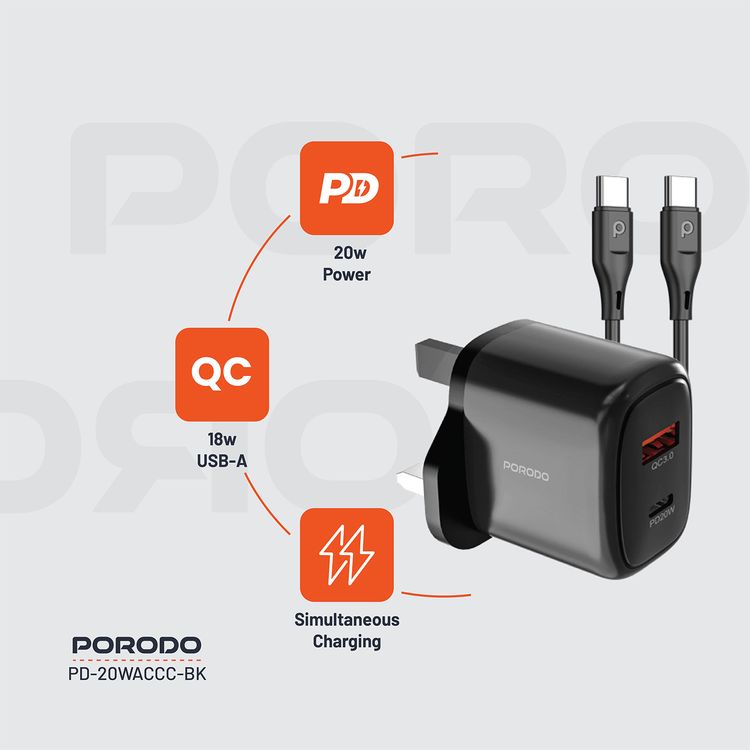 Porodo Dual Output Quick Charger with Type-C to Type-C Cable, 20W Power Delivery, QC 18W, UK 3-Pin Plug, Simultaneous Charging, Universal Compatibility - Black
