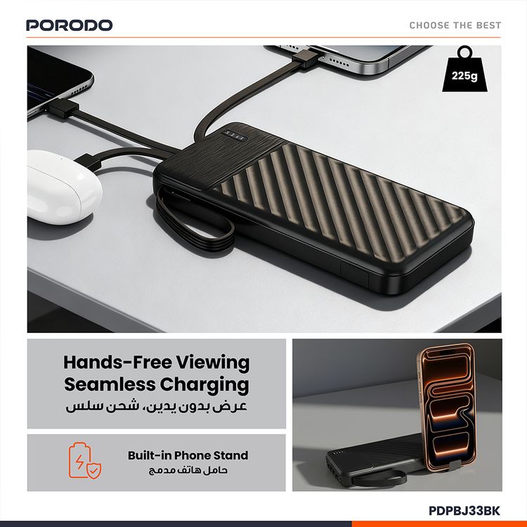 Porodo Piano 10000mAh Power Bank with Flashlight, Portable Handle, Phone Stand, 4 Integrated Cables, USB-A & USB-C & Micro Ports, Fast Charge Support, Universal Compatibility - Black