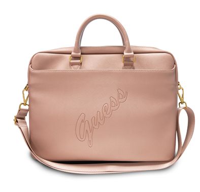 CG Mobile Guess PU Saffiano Script Computer Bag 15" with Adjustable Shoulder Strap for MacBook, Slim Lightweight Portable Storage Bag Officially Licensed Pink