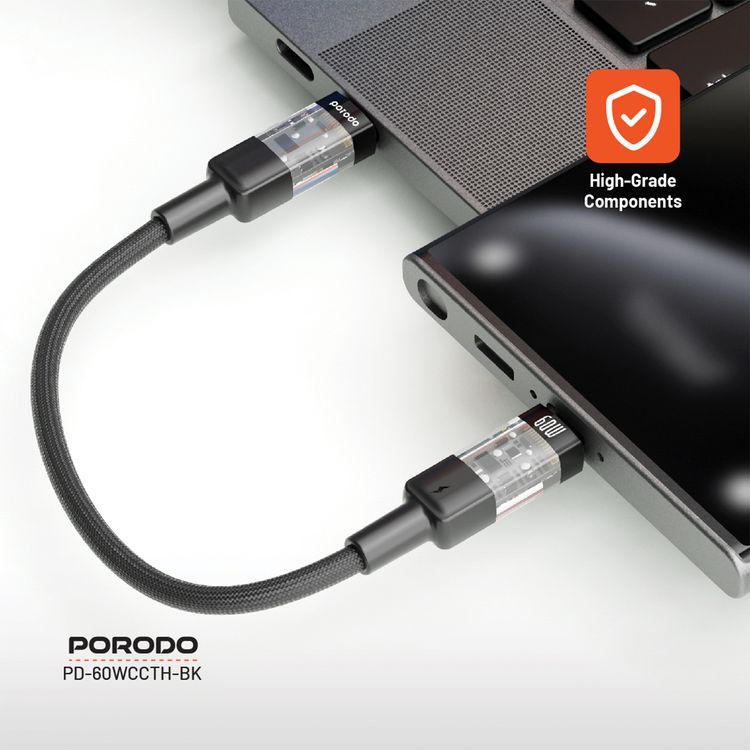 Porodo Braided USB-C to USB-C Cable with Transparent Heads, 60W Power Delivery, 480Mbps Transfer Speed, Fast Charge & Data Sync, Tangle-Free Design, 35cm Cable Length, High-Grade Components - Black
