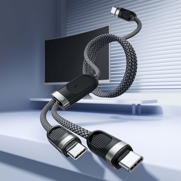 كابل شحن سريع من نوع Porodo Dual Type-C مع واجهة إدخال Type-C، شحن متزامن، توافق عالمي، مخرج USB-C1 بقدرة 60 واط، مادة خارجية مضفرة - أسود