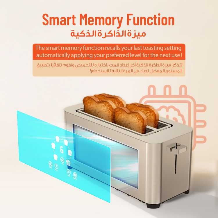 Porodo Lifestyle 4-Slice Bread Toaster with Touch Panel, 1140-1400W Rated Power, Stainless Steel 410 Material, 6 Browning Levels, 5 Functions, Removable Slide-Out Crumb Tray, Automatic Shut-Off - Silver 