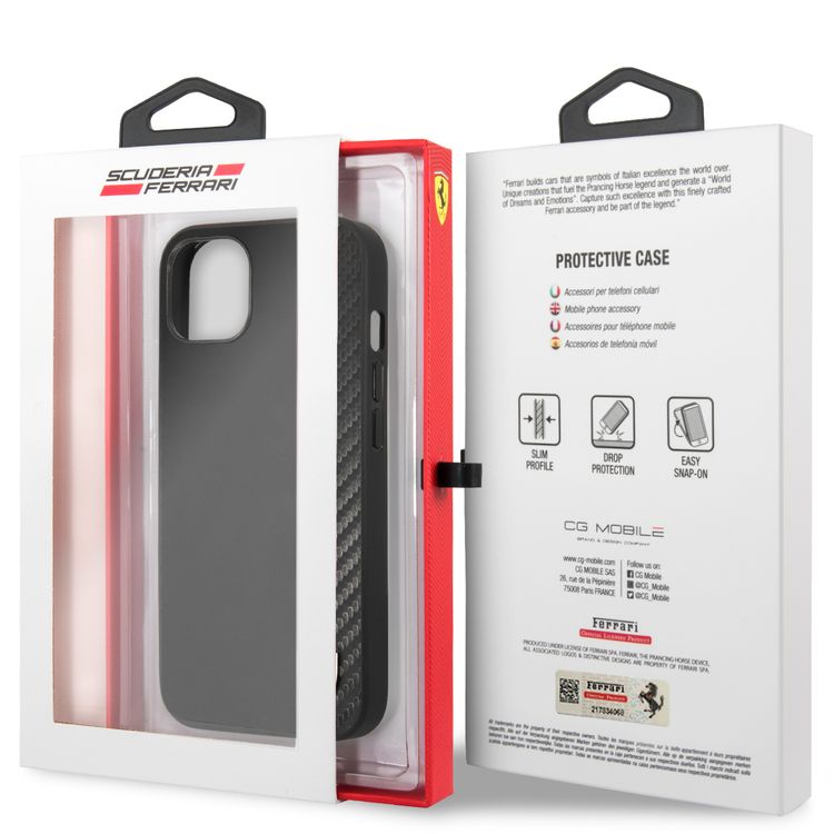 CG MOBILE Ferrari Hard Case PU Smooth & Carbon Effect Vertical Stripe Metal Logo Compatible for iPhone 13 (6.1") Anti-Scratch, Easy Access to All Ports