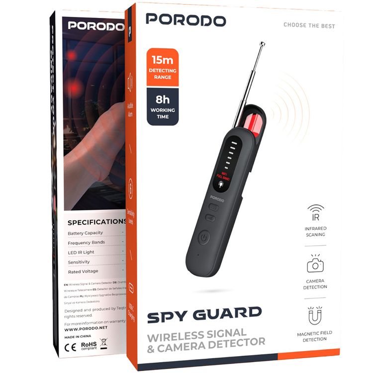 Porodo Spy Guard Wireless Signal & Camera Detector with Infrared Scanning, 8 Hours Working Time, 500mAh Battery Capacity, 6 Sensitivity Levels, Audible Alarm - Black