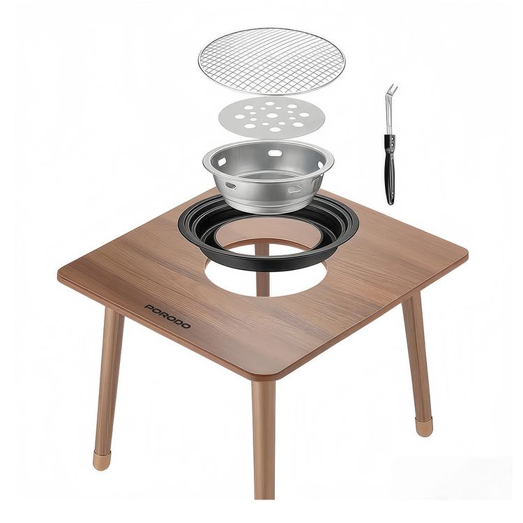 طاولة شواء مربعة متعددة الأغراض للاستخدام الخارجي مع حلقة واقية من الحرارة، ووعاء فحم قابل للإزالة، مصنوعة من الفولاذ الكربوني - بني