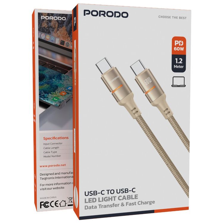 Porodo USB-C to USB-C LED Light Cable with 60W Power Delivery, 480Mbps Transfer Speed, 1.2m Cable Length, Fast Charging & Data Transfer, Braided Wire - Gold