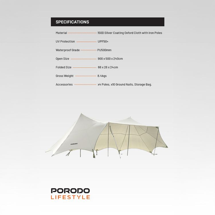 Porodo Lifestyle Camping Canopy Tent with UPF50+ UV Protection, PU500mm Waterproof Grade, 2.4m Height, Wind Resistant - Off White