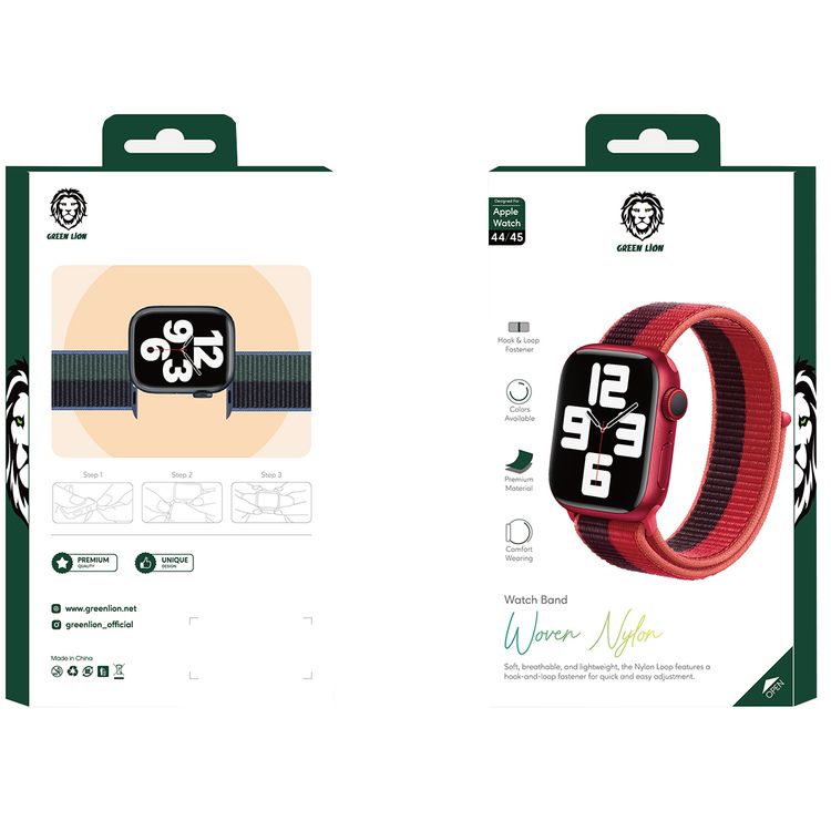 Green Lion Nylon Sport Loop Watch Strap for Apple Watch 44/45mm, Hook & Loop Fastener, Quick & Easy Adjustment, Comfortable Fit, Breathable & Lightweight - Red