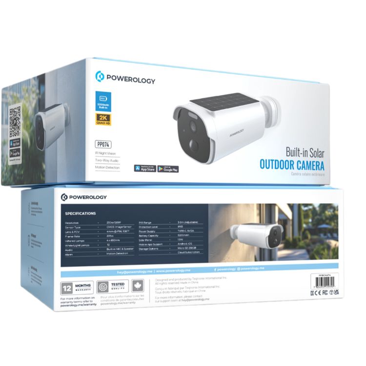 Powerology Built-in Solar Outdoor Camera, 5200mAh Battery Capacity, 3 to 9m PIR Range, 2304×1269P Resolution, 1.5W Solar Panel - White