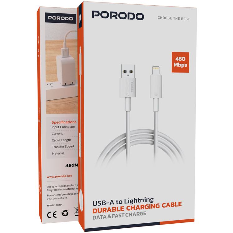 كابل شحن Porodo USB-A إلى Lightning بطول 3 أمتار، مصنوع من مادة PVC، يدعم الشحن السريع ومزامنة البيانات، تتحمل أكثر من 15000 انحناءة، سرعة نقل بيانات 480 ميجابت في الثانية، تصميم يمنع التشابك - أبيض.