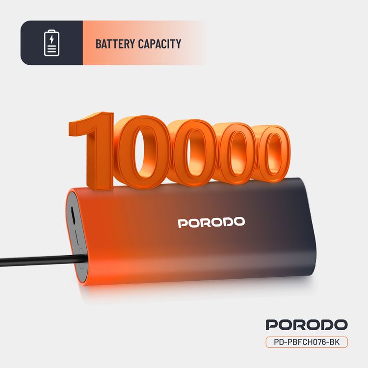 Porodo PB076 10000mAh Power Bank with  Integrated Type-C Cable, PD 20W, Type-C Port, Portable Design, Fast Charge Support - Black