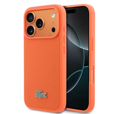 Lacoste Magsafe PU Leather Hard Case with Iconic Petit Pique Logo for iPhone 17 Pro Max, Slim Profile, Easy Snap-On, Comfortable Grip - Orange