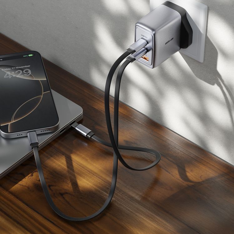 Green Lion GaNPremium UK Plug Wall Charger with 65W Power Delivery, 0%-50% Charge in 30 Minutes, PC Flame Retardant Material, Multiple Protection, Dual USB-C & USB-A Ports - Gray