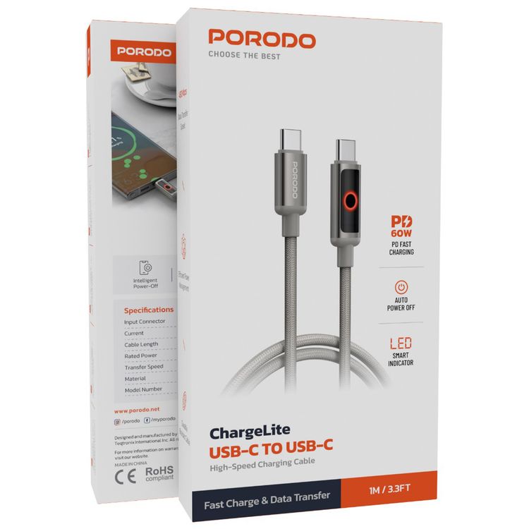 Porodo Charge Lite USB-C to USB-C Cable with High-Speed Charging, PD 60W, Braided & Aluminum Alloy Material, 1m Cable Length, 480Mbps Transfer Speed, Protect Battery - Gray