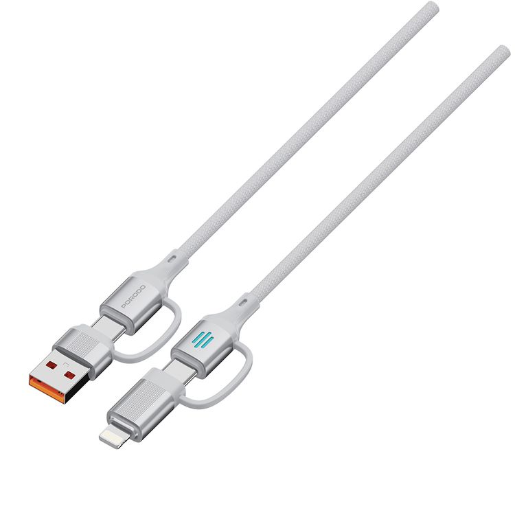 Porodo 4-in-1 High-Speed Charging Cable with Braided Material, 1m Cable Length, 240W Power Delivery, Aluminum Alloy Material, Tangle-Free Design, 480Mbps Data Transfer Speed - Silver
