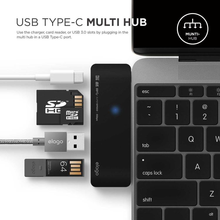 Elago Aluminum Multi Hub Type-C, SD Card Reader, MicroSD Card Reader, & two USB 3.0 ports, Multiple Devices All at Once (2W MAX), Perfect Travel Buddy! Stable Power Supply - Black