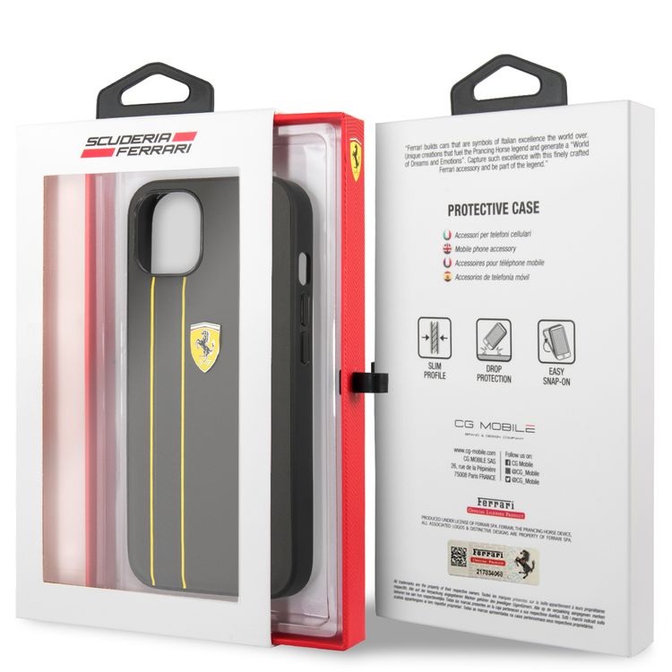 CG MOBILE Ferrari Genuine Leather Hard Case with Debossed Stripes Compatible for iPhone 13 (6.1") Shock & Scratches Resistant, Easy Access to All Ports
