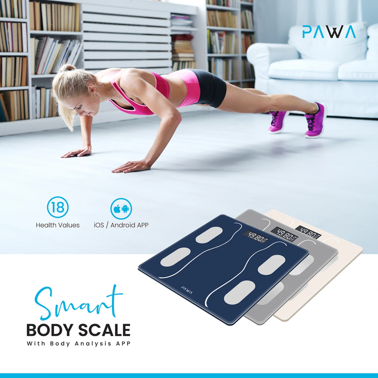 PAWA Smart Body Scale with Body Analysis iOS & Android App, 2.6" LCD Display, Kilogram & Pound Measurement Units, 2 x AAA Batteries, 180kg Maximum Weight Capacity - Dark Blue