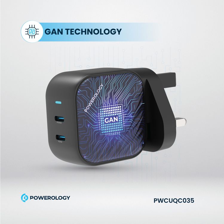 Powerology GaN Dual-USB-C Wall Charger with 45W Power Delivery, Built-in Safeguards, Universal Compatibility, 1.5A Rated Current, AC 100-240V Rated Voltage - Black