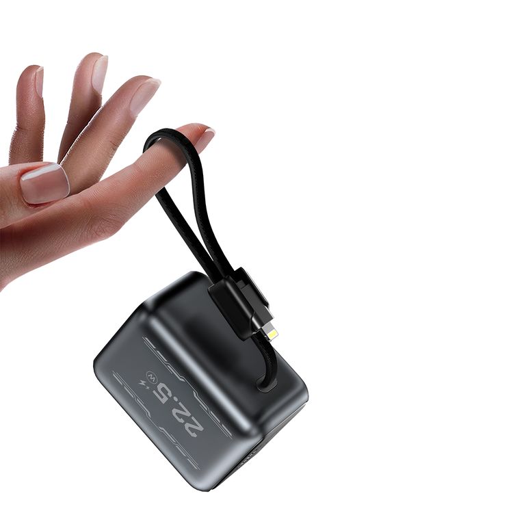 Porodo Voltra 10000mAh Power Bank with USB-C & USB-A Ports, Travel-Friendly Design, Lithium Polymer Battery, Built-in USB-C & Lightning Cables, Smart Safety Protection, 20W Power Delivery - Black