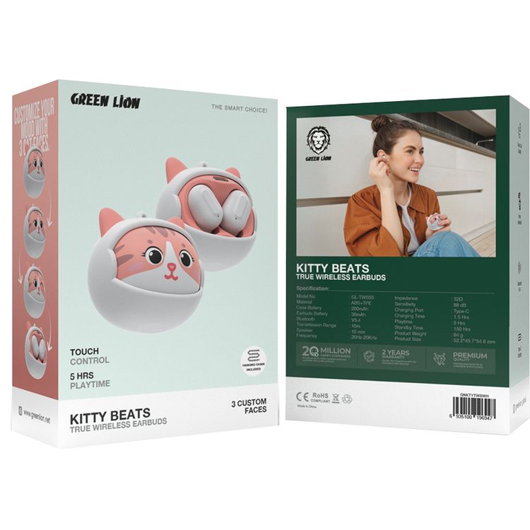 سماعات الأذن اللاسلكية من جرين ليون كيتي بيتس مع 3 وجوه مخصصة، بلوتوث 5.4، تحكم باللمس، مساعد صوتي، جودة مكالمات واضحة، منفذ شحن Type-C - أبيض