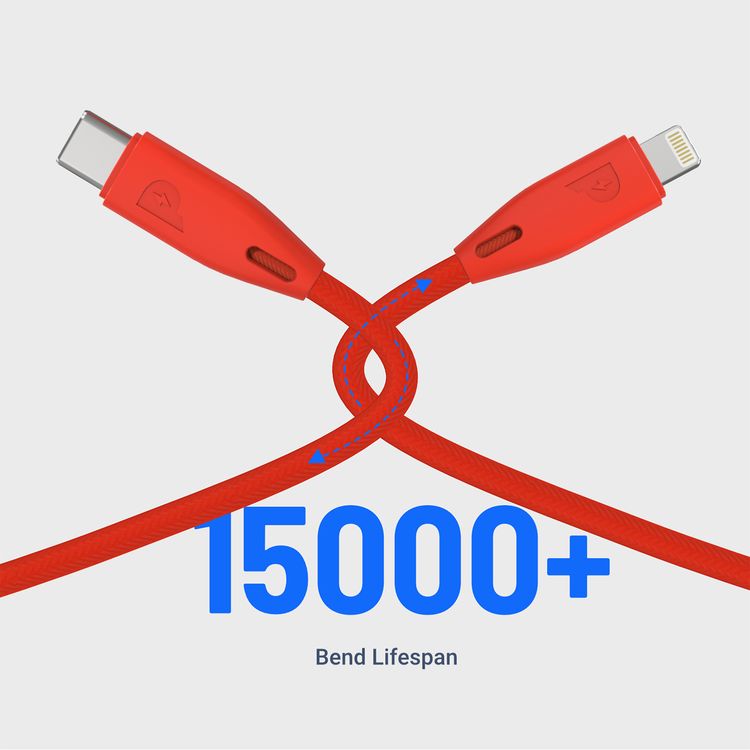 Powerology USB-C to Lightning Braided Cable with 2m Length, Fast Charging & Data Sync, Overheat & Overcurrent Protection, MFI Device Compatible, Fire-Resistant PVC Material - Red