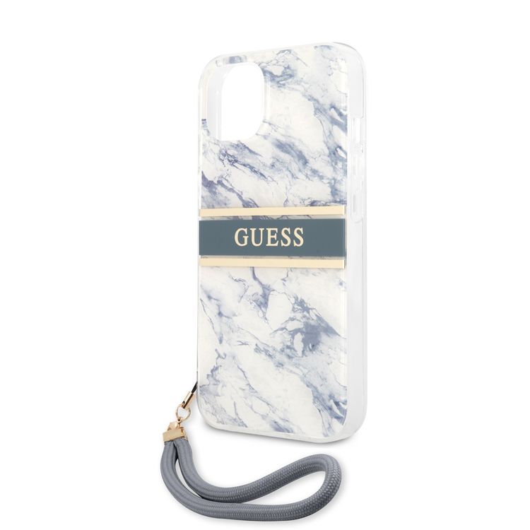 CG MOBILE Guess PC/TPU Case Marble Design & Stripe with Anti-Lost Nylon Strap for iPhone 13 (6.1") Shock Absorption & Drop Protection Suitable with Wireless Chargers Officially Licensed Blue