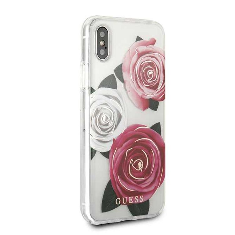 Guess Flower Desire Transparent Hard Case for iPhone Xs Max, Full Protection Case, Shock Absorption Back Cover - Tricolor Roses