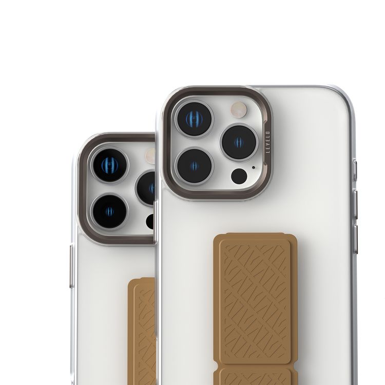 Levelo Morphix Clara Case for iPhone 16 Pro, Hybrid Material, Impact-Resistant Corners, Built-in Leather Grip, Metal Camera Ring - Rose Gold Titanium