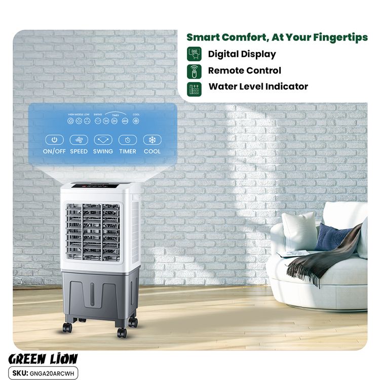 مبرد هواء GA20 من Green Lion بسعة 20 لترًا وقوة 60 وات وسعة خزان مياه 20 لترًا واهتزاز 360 درجة لتوزيع الهواء بالتساوي وجهاز تحكم عن بعد وشاشة رقمية - أبيض ورمادي