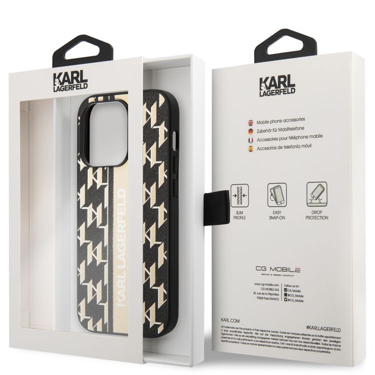 Karl Lagerfeld Grained PU Leather Case with Monogram Pattern & Vertical Logo Compatble iPhone 14 Pro Compatibility - Brown