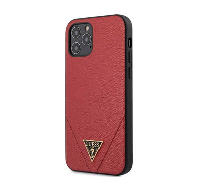 CG Mobile Guess PU Saffiano V Stitched with Metal Logo Case Compatible for iPhone 12 / 12 Pro (6.1") Shock & Scratch Resistant, Easy Access to All Ports, Drop Protection Back Cover - Red