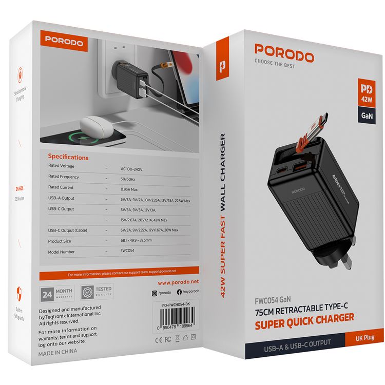 Porodo Super Quick GaN Charger with 75cm Retractable Type-C Cable, 42W Power Delivery, Simultaneous Charging, 22.5W USB-A Output, Built-in Safeguards - Black