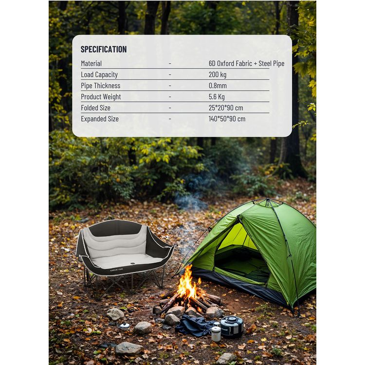 Green Lion Double Camping Chair, 600D Oxford Fabric + Steel Pipe Material, Camping Friendly, Safety Lock, Foldable Design, Easy Setup, Juice Glass Holders  - Gray / Black
