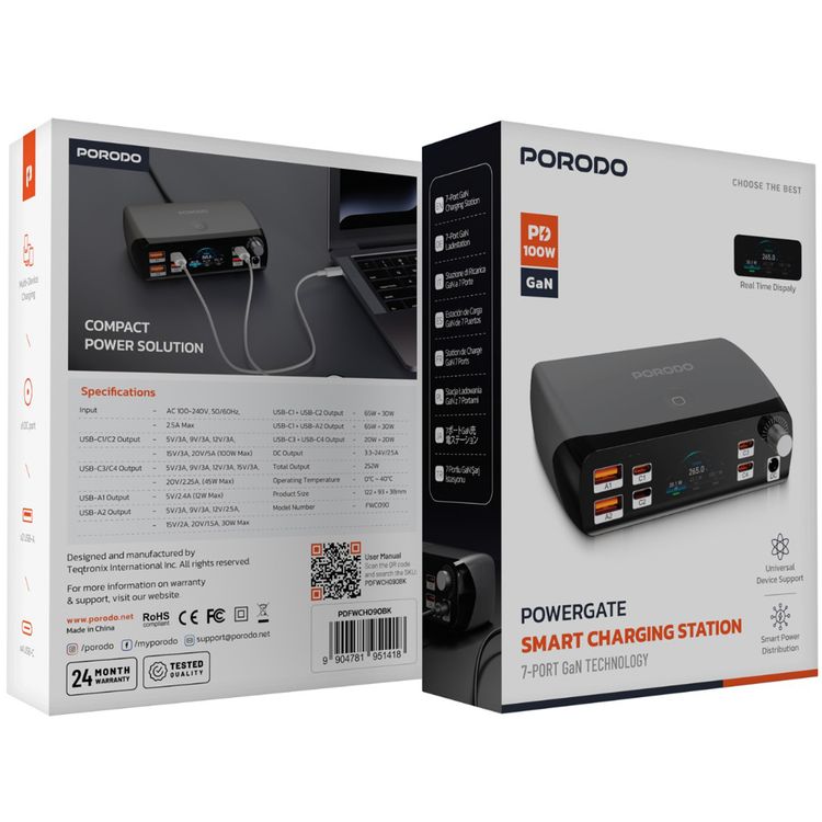 Porodo Powergate Smart Power Station with 7-Port GaN Technology, 252W Total Output, 100W Max USB-C1 & C2 Output, 45W Max USB-C3 & C4 Output, 12W Max USB-A1 Output, 30W Max USB-A2 Output, Universal Device Support, Smart Power Distribution, Multi-Device Charging, Real Time Display - Black
