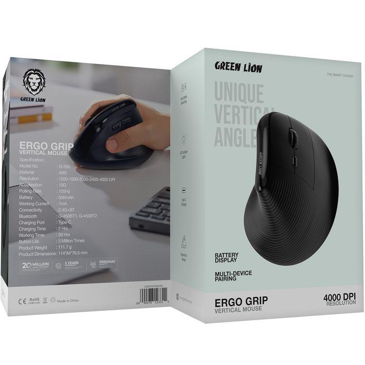 Green Lion Ergo Grip Vertical Mouse with Adjustable DPI, Multi-Device Pairing, 2 Hours Charging Time, 30 Hours Working Time, 60cm Type-C Cable Length, 10m Transmission Distance - Black