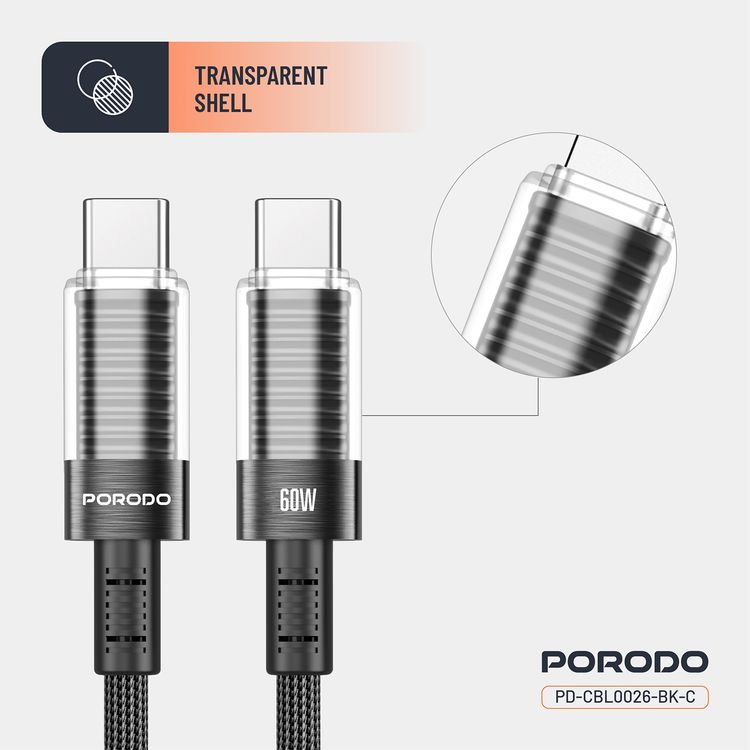 كابل USB-C إلى USB-C شفاف من Porodo، بطول 1.2 متر، متوافق عالميًا، PD 60 وات، آمن ومضمون، شاحن سريع للبيانات - أسود
