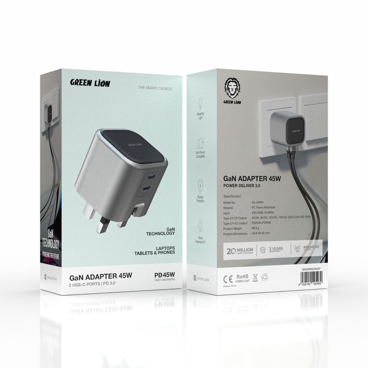 Green Lion GaN Adapter 45W Power Delivery with Dual USB-C Ports, Fast Charge, Multiple Protection, Breathing Light, Multi-Device Compatible, PC Flame Retardant Material - Gray
