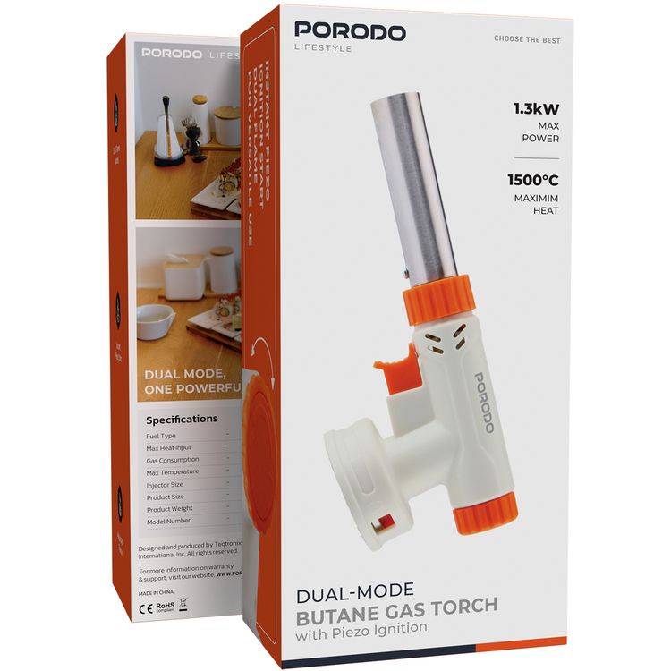 Porodo Dual-Mode Butane Gas Torch with Piezo Ignition, 1.3kW Max Heat Input, 0.27mm Injector Size, 2 Adjustable Flame Modes, 1500°C Maximum Temperature, 110g/h Gas Consumption - Cream White / Orange