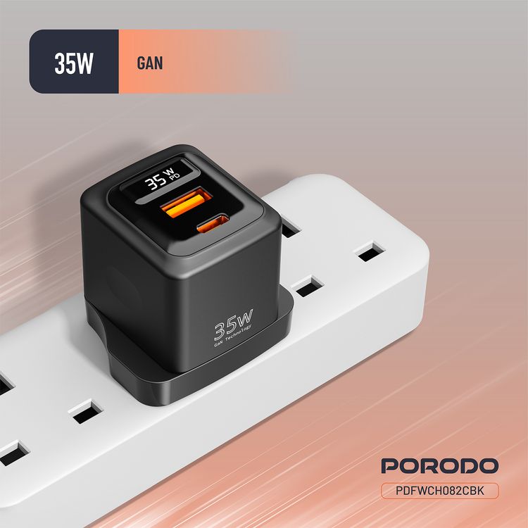Porodo GaN Wall Charger with USB-C to USB-C Cable, USB-A & USB-C Ports, 35W Power Delivery, Built-in Safeguards, Fast Charge Support, Multiple Device Charging, Digital Display - Black