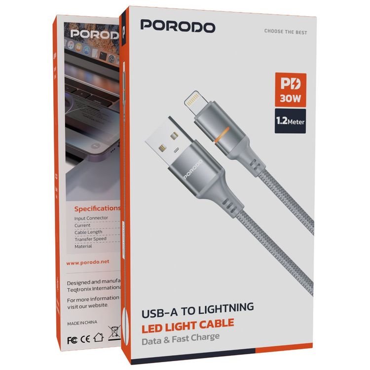 Porodo USB-A to Lightning LED Light Cable with 2.4A Current, 480Mbps Transfer Speed, 1.2m Cable Length, Fast Charging & Data Transfer, Braided Wire - Gray