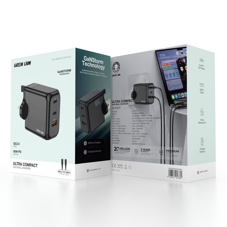 Green Lion Ultra Compact GaN Wall Charger with Type-C to Type-C Cable, PD 65W, 1× USB-A & 2× USB-C Ports, PC Flame Retardant Material, 3-Pin UK Power Plug, Charging Protection, GaN Technology - Black