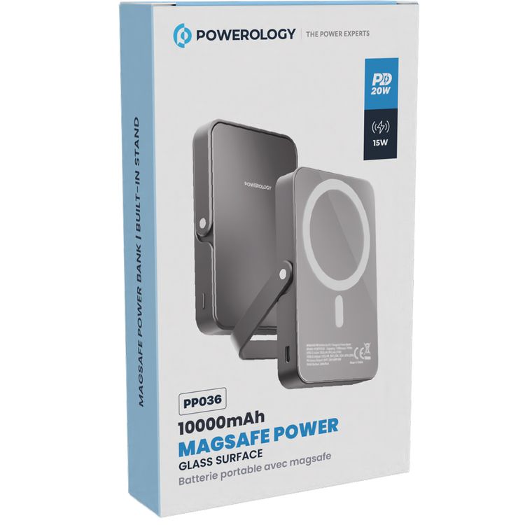 Powerology 10000mAh Magsafe Glass Surface Power Bank, Compact Design, Type-C & Wireless output, Integrated Stand, Aluminum Material, 20W Power Delivery, Cable-Free - Gray 