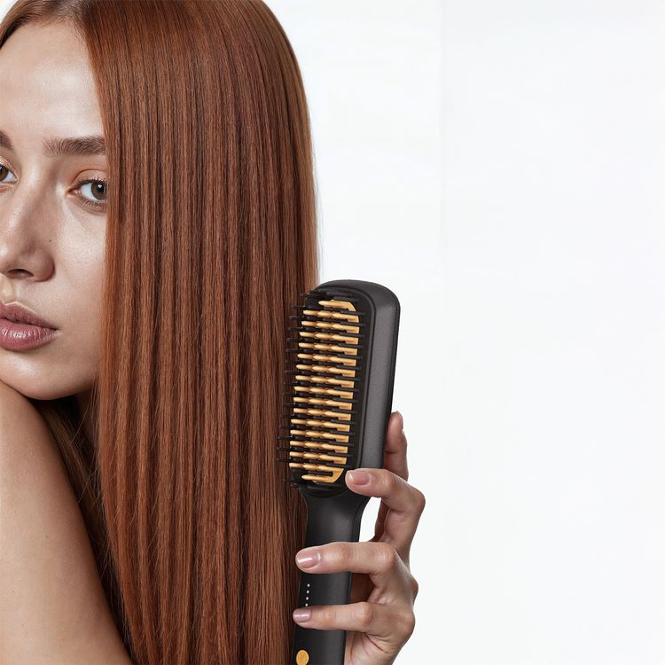 Porodo Lifestyle Electric Heated Hair Straightener Brush with 5 Temperature Settings, 30W Rated Power, 30 Seconds Fast Heating Time, 70% Frizz Reduction, Auto Shut-Off - Black