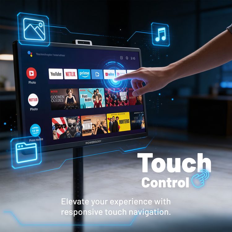 Powerology BANF 32" Portable Smart Monitor with Horizontal & Vertical Angles, 5MP Camera, Android 15 Operating System, Remote Control Included, Tilt Adjustment, 38400mAh Battery Capacity, 89° Viewing Angles, Touch Control, Cast Mirror, 6G/8G RAM, 128G ROM - Gray