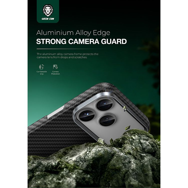 Green Lion Magsafe Kevlar Case for iPhone 17 Pro Max, Comfortable Grip, Aluminum Alloy Guard, Drop Protection, Lightweight Design, Ultra-Slim - Black